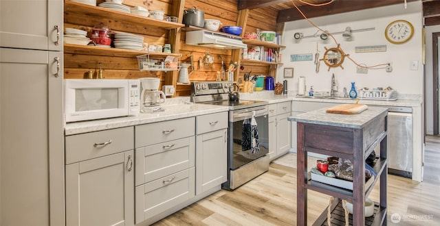 568 Cowlitz Ct SW, Ocean Shores, WA 98569 - kitchen with open shelves, stainless steel appliances, under cabinet range hood, a sink, and light wood-style floors