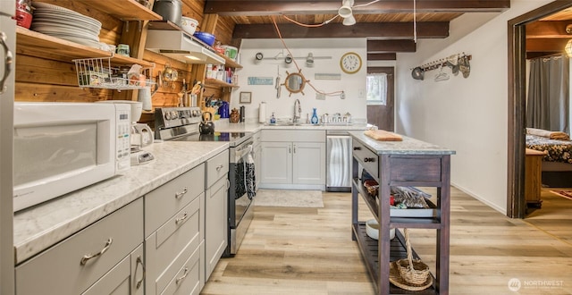 568 Cowlitz Ct SW, Ocean Shores, WA 98569 - kitchen featuring open shelves, appliances with stainless steel finishes, a sink, light wood finished floors, and wooden ceiling with exposed beams