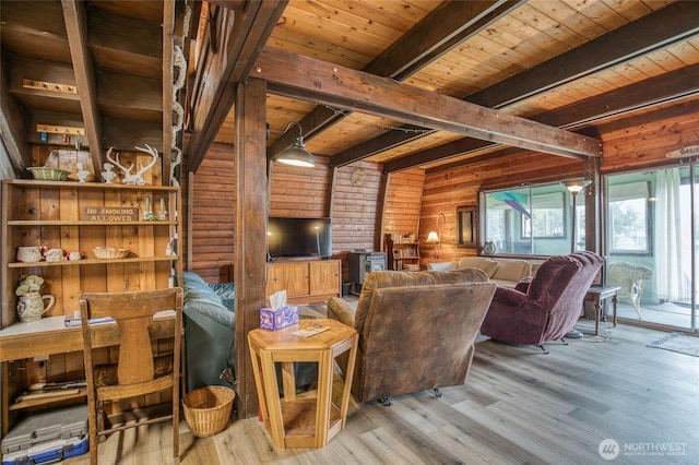 568 Cowlitz Ct SW, Ocean Shores, WA 98569 - living room with wooden ceiling with exposed beams, light wood-type flooring, and wooden walls