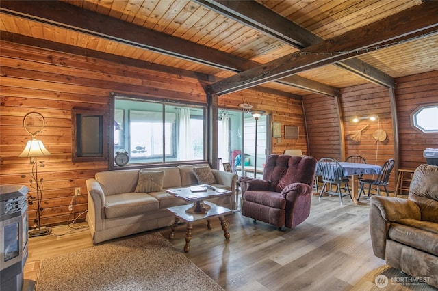 568 Cowlitz Ct SW, Ocean Shores, WA 98569 - living area featuring wood walls, a wood stove, wooden ceiling with exposed beams, and wood finished floors