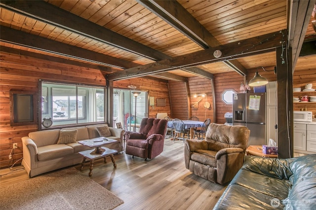 568 Cowlitz Ct SW, Ocean Shores, WA 98569 - living room with wooden walls, wood ceiling with exposed beams, and wood finished floors