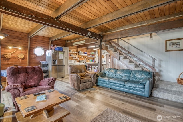 568 Cowlitz Ct SW, Ocean Shores, WA 98569 - living area featuring wood walls, wood ceiling with exposed beams, wood finished floors, and stairway