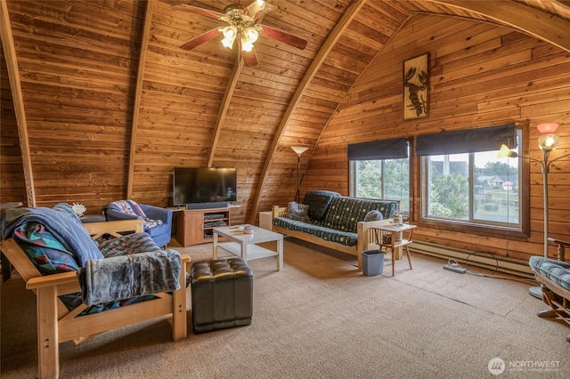 568 Cowlitz Ct SW, Ocean Shores, WA 98569 - living area featuring wood walls, wood ceiling, carpet flooring, a ceiling fan, and a baseboard radiator