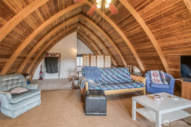 568 Cowlitz Ct SW, Ocean Shores, WA 98569 - carpeted living area featuring wood ceiling, lofted ceiling, and ceiling fan