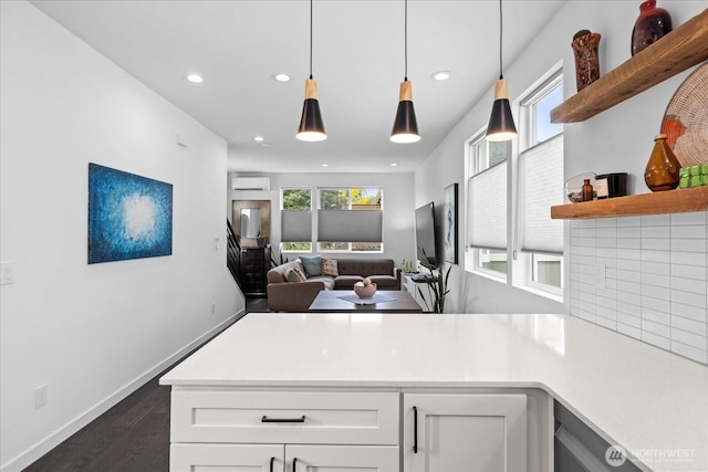 6055 7th Ave NW, Seattle, WA 98107 - kitchen featuring open shelves, a wall mounted air conditioner, dark wood finished floors, white cabinets, and recessed lighting