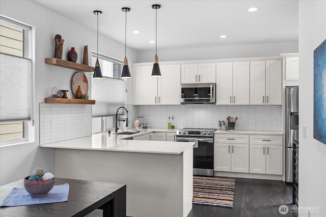 6055 7th Ave NW, Seattle, WA 98107 - kitchen featuring appliances with stainless steel finishes, a sink, a peninsula, dark wood-style floors, and open shelves