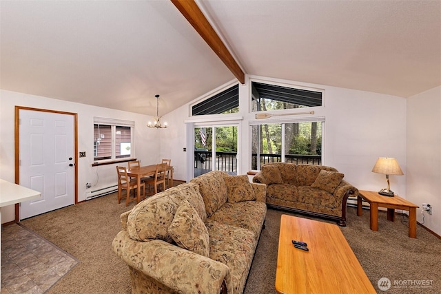 201 E Sleaford Rd, Shelton, WA 98584 - carpeted living area featuring a chandelier and a baseboard heating unit