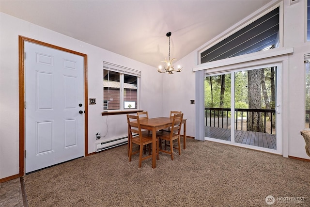 201 E Sleaford Rd, Shelton, WA 98584 - dining area featuring a chandelier, carpet, lofted ceiling, and baseboard heating