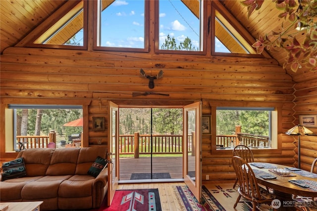 21 Oakes Dr, Tonasket, WA 98855 - living room featuring high vaulted ceiling, log walls, hardwood / wood-style floors, healthy amount of natural light, and wood ceiling