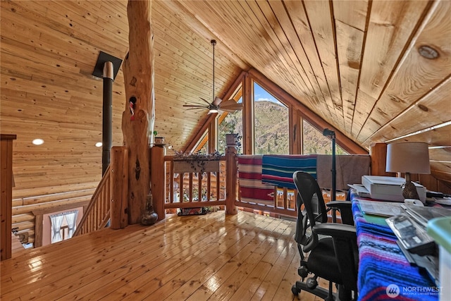 21 Oakes Dr, Tonasket, WA 98855 - office area featuring wooden ceiling, hardwood / wood-style floors, a ceiling fan, high vaulted ceiling, and rustic walls