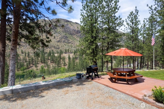 21 Oakes Dr, Tonasket, WA 98855 - view of patio / terrace featuring a grill, a mountain view, and outdoor dining space