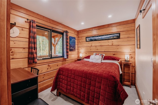 15033 Welcome Rd, Glacier, WA 98244 - bedroom with light colored carpet, wood walls, recessed lighting, and baseboards
