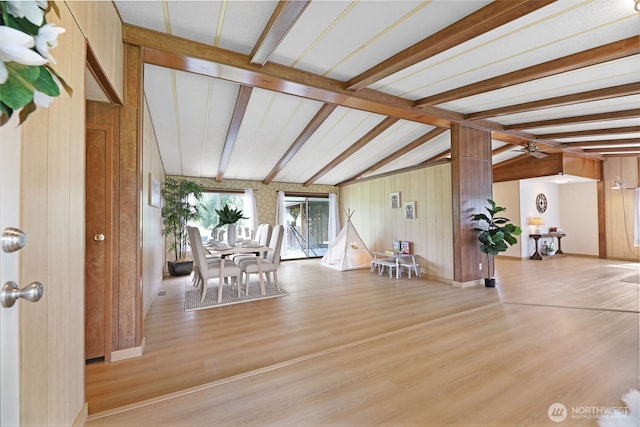 1405 226th St NW, Silvana, WA 98287 - dining room featuring wood finished floors, wood walls, and a ceiling fan