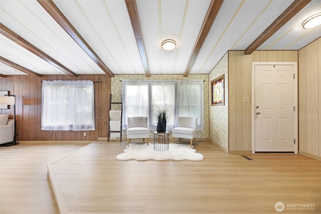 1405 226th St NW, Silvana, WA 98287 - foyer with wood finished floors, beam ceiling, baseboards, and wooden walls