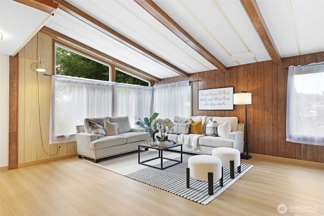 1405 226th St NW, Silvana, WA 98287 - living room featuring wood finished floors, wooden walls, and baseboards