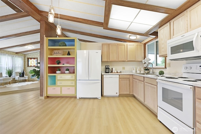 1405 226th St NW, Silvana, WA 98287 - kitchen featuring white appliances, light brown cabinetry, light wood-style flooring, a sink, and light countertops
