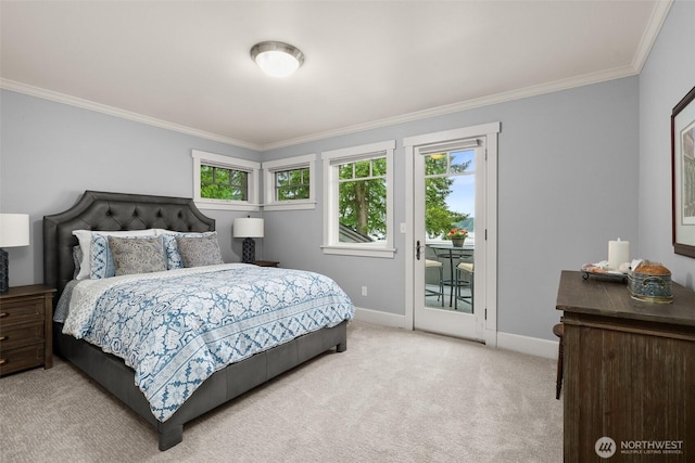 4825 Bayshore Ln NW, Olympia, WA 98502 - bedroom with light carpet, access to outside, ornamental molding, and baseboards