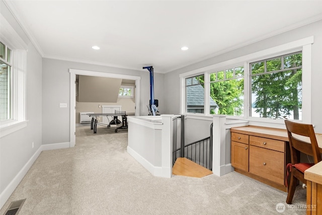 4825 Bayshore Ln NW, Olympia, WA 98502 - hall with ornamental molding, light carpet, an upstairs landing, baseboards, and recessed lighting