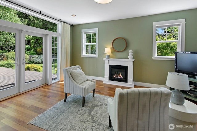 301 Weaver Rd NW, Bainbridge Island, WA 98110 - living room featuring a glass covered fireplace, wood finished floors, and baseboards