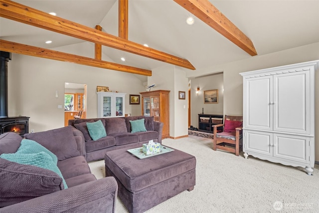 23405 Jordan Rd, Arlington, WA 98223 - living area with a wood stove, recessed lighting, light carpet, and baseboards