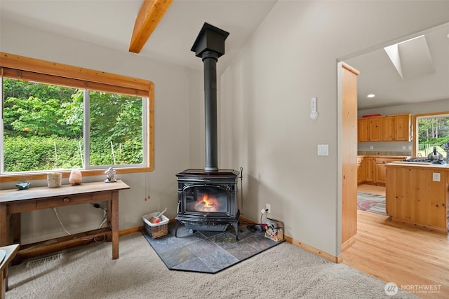 23405 Jordan Rd, Arlington, WA 98223 - detailed view of a wood stove, baseboards, and carpet