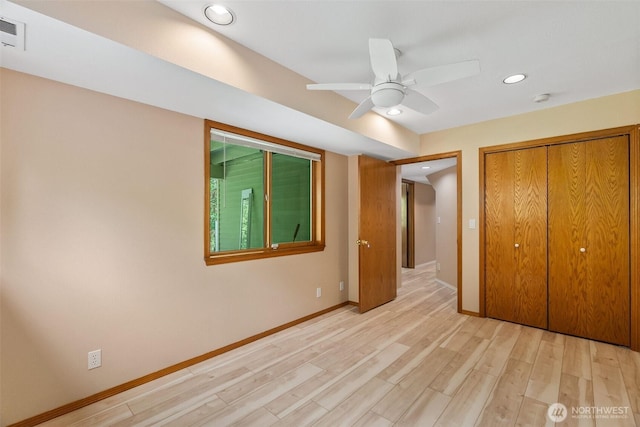 434 N 8th St, Montesano, WA 98563 - unfurnished bedroom featuring baseboards, light wood-style flooring, recessed lighting, a closet, and ceiling fan