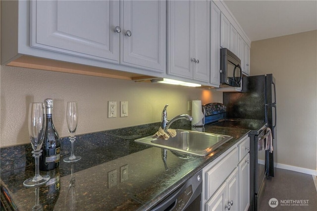 1917 Rosario Rd Unit 2104, Orcas Island, WA 98245 - kitchen featuring black microwave, range with electric stovetop, white cabinetry, and dark stone countertops