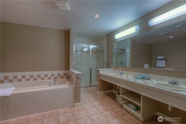 1917 Rosario Rd Unit 2104, Orcas Island, WA 98245 - bathroom with a garden tub, a stall shower, double vanity, and tile patterned floors