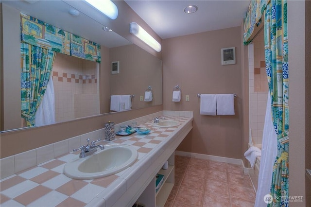 1917 Rosario Rd Unit 2104, Orcas Island, WA 98245 - full bathroom with double vanity, shower / tub combo with curtain, and tile patterned floors