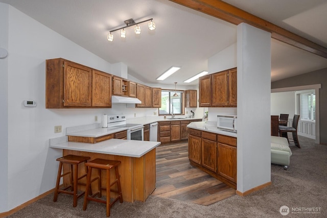 18226 Road B NW, Ephrata, WA 98823 - kitchen featuring white appliances, under cabinet range hood, lofted ceiling, brown cabinets, and a peninsula