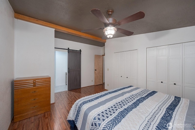 18226 Road B NW, Ephrata, WA 98823 - bedroom with multiple closets, wood finished floors, a barn door, and ceiling fan