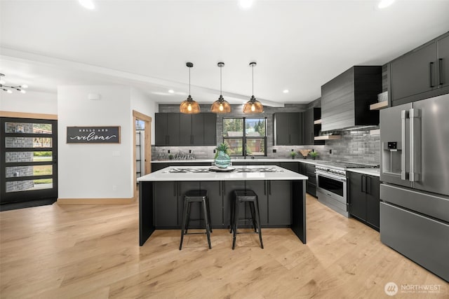 141 Pebble Beach Dr, Cle Elum, WA 98922 - kitchen with high end appliances, light countertops, decorative backsplash, a kitchen island, and a kitchen breakfast bar