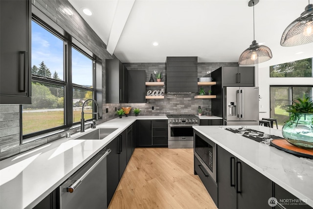 141 Pebble Beach Dr, Cle Elum, WA 98922 - kitchen with open shelves, high end appliances, a sink, dark cabinetry, and recessed lighting