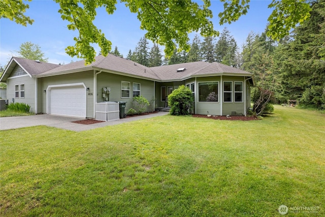14126 95th Ave NW, Gig Harbor, WA 98329 - ranch-style house featuring a garage, concrete driveway, a front lawn, and central air condition unit