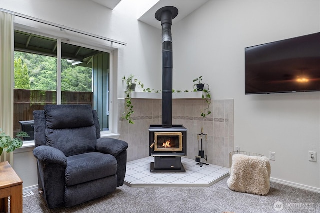 14126 95th Ave NW, Gig Harbor, WA 98329 - living area with a wood stove, carpet flooring, and baseboards