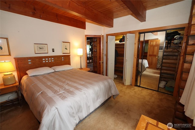 215 Marine Dr, Blakely Island, WA 98222 - bedroom featuring carpet floors and wooden ceiling with exposed beams