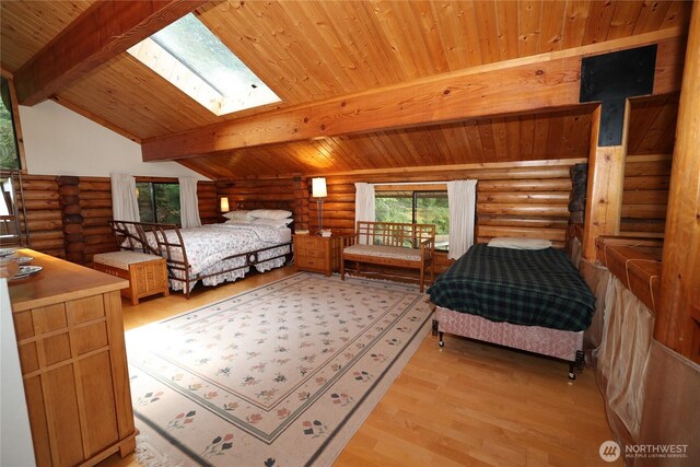 215 Marine Dr, Blakely Island, WA 98222 - bedroom with log walls, wooden ceiling, light wood-type flooring, and a skylight