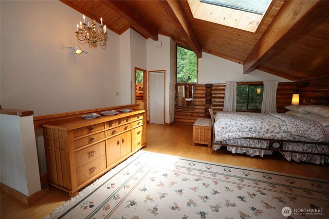 215 Marine Dr, Blakely Island, WA 98222 - bedroom with light wood-type flooring, wood ceiling with exposed beams, a chandelier, a skylight, and rustic walls