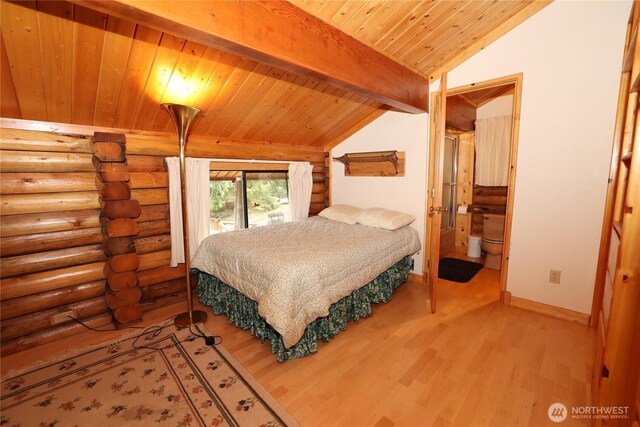 215 Marine Dr, Blakely Island, WA 98222 - bedroom featuring wooden ceiling, log walls, wood finished floors, and baseboards
