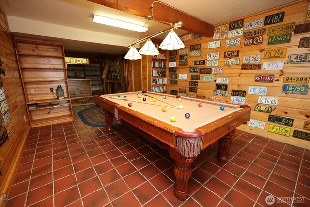215 Marine Dr, Blakely Island, WA 98222 - game room featuring wooden walls, billiards table, tile patterned flooring, and beamed ceiling