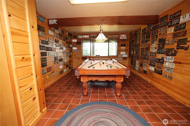 215 Marine Dr, Blakely Island, WA 98222 - rec room featuring wooden walls, beam ceiling, billiards table, and dark tile patterned flooring