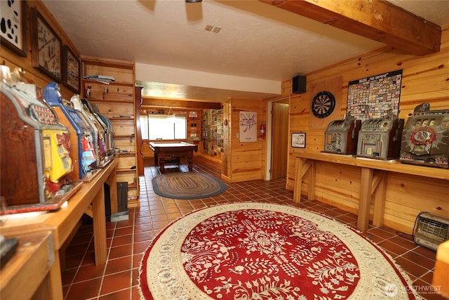 215 Marine Dr, Blakely Island, WA 98222 - recreation room featuring billiards, wood walls, and dark tile patterned flooring