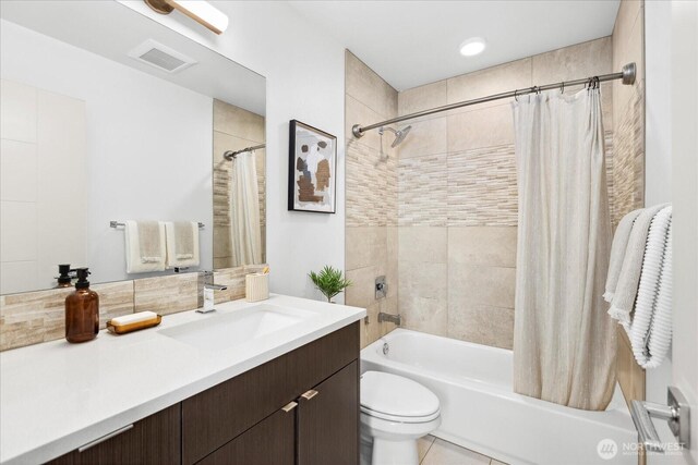 8838 Interlake Ave N, Seattle, WA 98103 - full bath with vanity, shower / bathtub combination with curtain, toilet, and tile patterned flooring