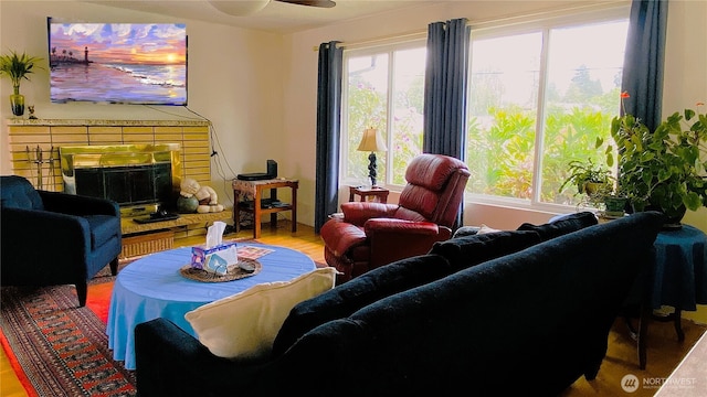 31405 10th Ave S, Federal Way, WA 98003 - living area with a fireplace, wood finished floors, and ceiling fan