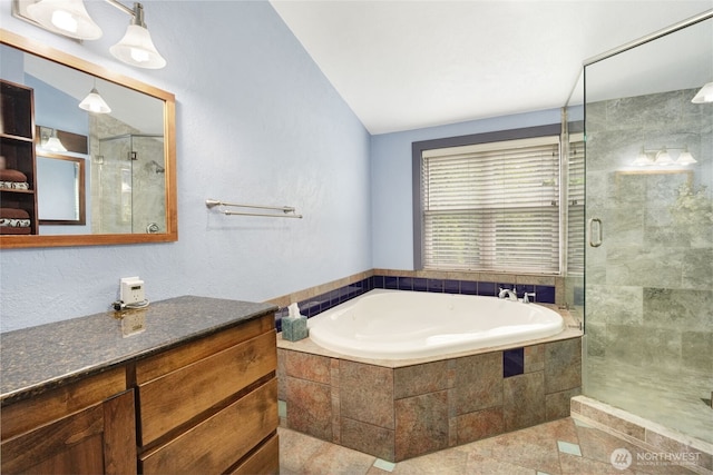 181 N 2nd St, Morton, WA 98356 - bathroom featuring a bath, vanity, a stall shower, and tile patterned flooring