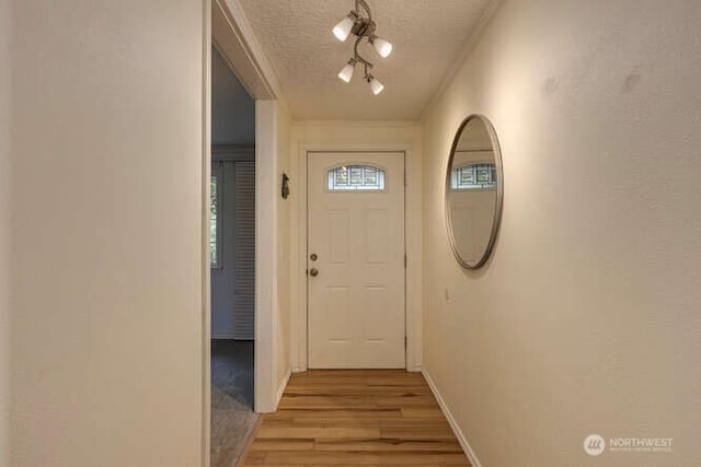 2040 Spruce, Woodland, WA 98674 - doorway with a textured ceiling, rail lighting, light wood-style floors, and baseboards