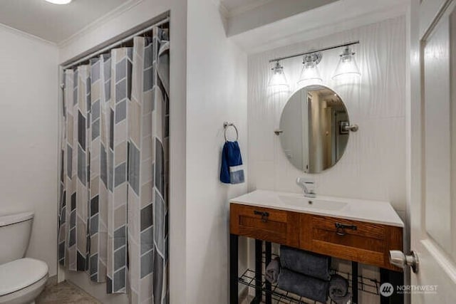 2040 Spruce, Woodland, WA 98674 - bathroom featuring toilet, crown molding, vanity, and a shower with shower curtain