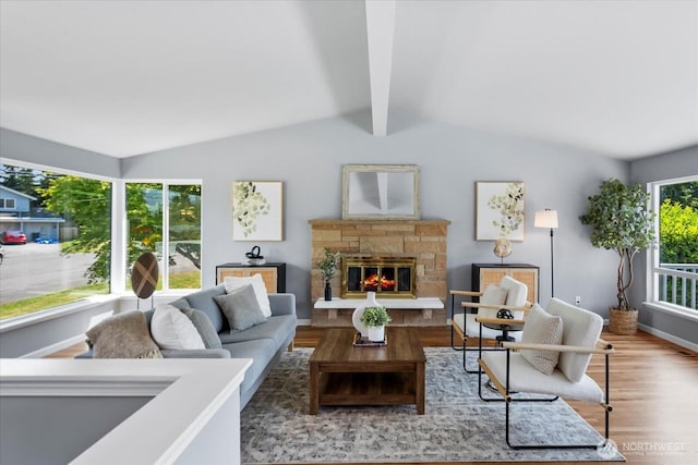 22606 87th Ave W, Edmonds, WA 98026 - living room with wood finished floors, a stone fireplace, and baseboards