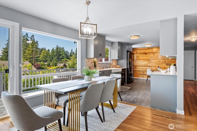22606 87th Ave W, Edmonds, WA 98026 - dining space with healthy amount of natural light, a chandelier, dark wood-style flooring, and wooden walls