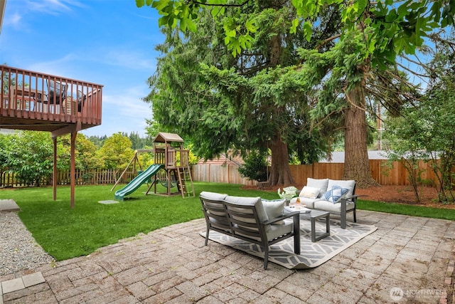 3816 NE 110th St, Seattle, WA 98125 - fenced backyard with an outdoor living space, a playground, and a patio